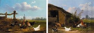 Chickens In A Landscape With Distant Windmill by Frans Van Leemputten