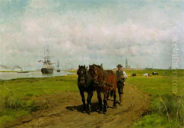 Bauer Mit Pferden An Der Schelde - Im Hintergrund Antwerpen Mit Der Oude Kerk - view 1