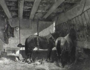 Horses In A Stable by Frans Van Leemputten