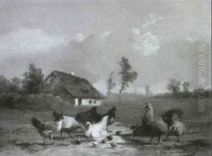 Hahn, H_hner Und K_ken In Einer Wiesenlandschaft, Dahinter Eine Kate Hahn, H_hner Und K_ken In Einer Wiesenlandschaft, Dahinter Eine Kate