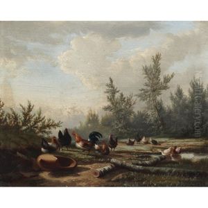 Poultry And Ducks By A Pond by Jean-Baptiste Leopold van Leemputten