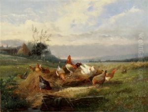 Huhner Und Hahn In Sommerlicher Landschaft Mit Heuhaufen by Jean-Baptiste Leopold van Leemputten