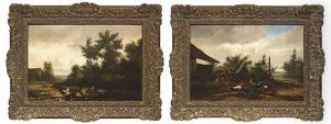 Huhner Tummeln Sich Auf Einem Heuhaufen (+ Huhner Suchen Korner Auf Einem Weg; Pair) by Jean-Baptiste Leopold van Leemputten