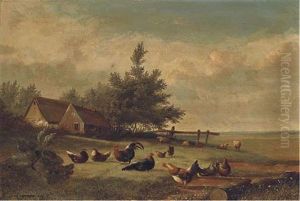 Hens And Cockerels Beside A Cottage With Sheep Beyond