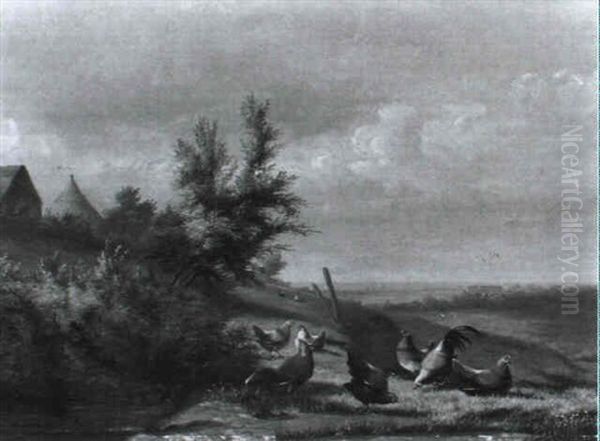 Weite Landschaft Mit Scharrenden Huhnern - view 1