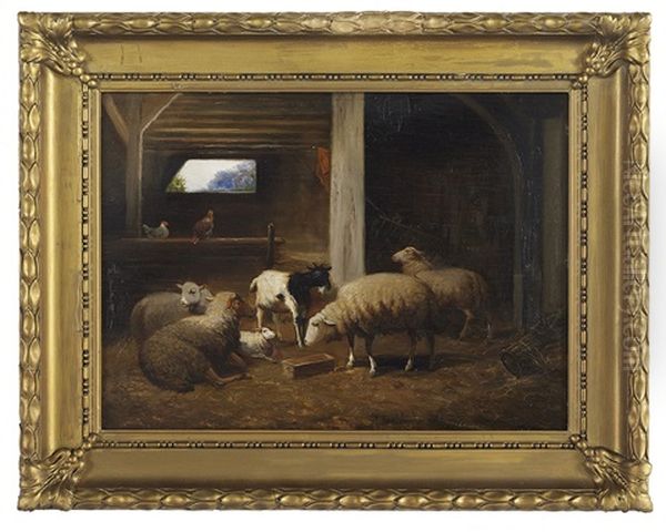 Sheep, Chickens And Goat In The Stable - view 1