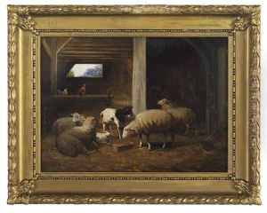 Sheep, Chickens And Goat In The Stable by Jef Louis Van Leemputten