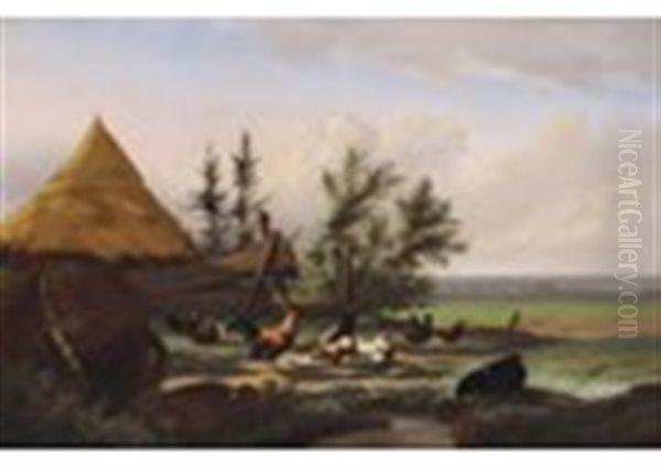 Chicken By A Farmstead; Chickens By A Haystack (a Pair) - view 1