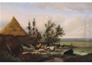 Chicken By A Farmstead; Chickens By A Haystack (a Pair) by Jef Louis Van Leemputten