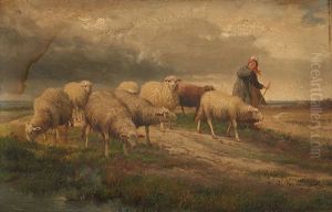 Bergere Et Ses Moutons Avant L"orage by Jef Louis Van Leemputten