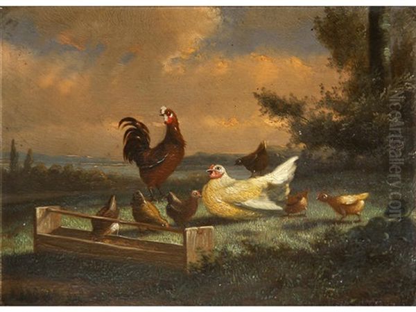 Hens And Chicks In A Field; Ducks And Hens By A Pond; And Another Cockerel And Two Hens In A Barn - view 1