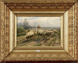 Bergere Et Son Troupeau Sur Un Chemin De Campagne by Jef Louis Van Leemputten