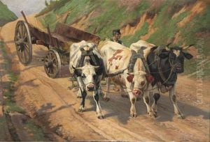 Paysage Accidente Anime D'un Paysan Avec Char Attire Par Trois Vaches Paysage Accidente Anime D'un Paysan Avec Char Attire Par Trois Vaches