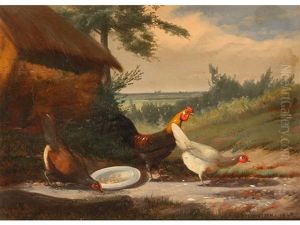 Chickens Feeding Beside Barns With A Landscape Beyond (pair) Chickens Feeding Beside Barns With A Landscape Beyond (pair)