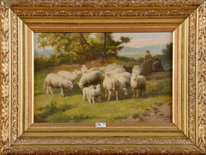 Bergers Et Troupeau Au Pre by Jef Louis Van Leemputten