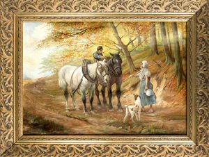 Bauer Mit Pferden Begegnet Einer Magd Im Wald by Jef Louis Van Leemputten