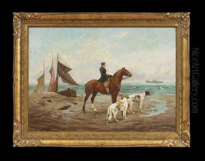 Lady On Horseback With Her Borzois On The Beach