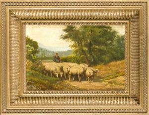 Schafherde Mit Hirtin by Jef Louis Van Leemputten