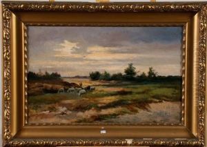 Berger Et Son Troupeau Au Crepuscule by Jef Louis Van Leemputten