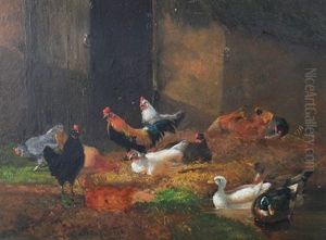 Chickens In A Barn by Jef Louis Van Leemputten