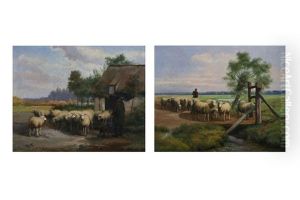 Berger Aux Moutons Devant Une Ferme. Paysage Anime D'un Berger Aux Moutons (pair) by Jef Louis Van Leemputten