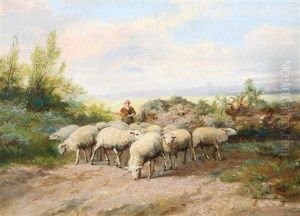 Berger Et Troupeau De Moutons by Jef Louis Van Leemputten