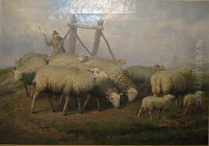 Herder Met Zijn Schapen by Jef Louis Van Leemputten