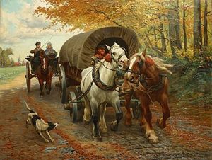 Huifkar Met Paarden Aan De Rand Van Het Bos by Jef Louis Van Leemputten