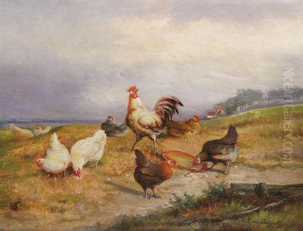 Coq Et Poules Au Paysage - view 1