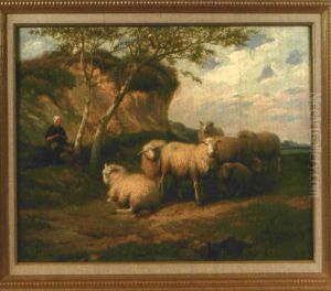Schafhirtin Mit Hirtenhund Bei Ihrer Herde by Jef Louis Van Leemputten