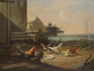 Poules Et Tas De Foin Avec Ville De L'autre Cote De La Riviere by Jef Louis Van Leemputten