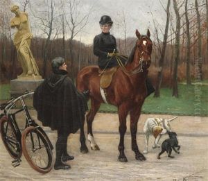 Scene De Parc Anime D'une Dame A Cheval, D'un Jeune Homme Et De Deux Chiens by Jef Louis Van Leemputten