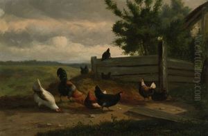 Huhner In Einer Landschaft Bei Einem Bauernhof by Jef Louis Van Leemputten
