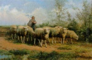 Hirtin Mit Schafherde by Jef Louis Van Leemputten