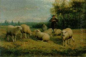 Hirte Mit Seiner Schafherde by Jef Louis Van Leemputten