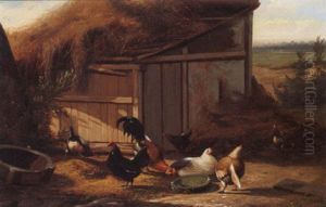 Poultry Near A Barn by Jef Louis Van Leemputten