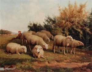 A Flock Of Sheep by Jef Louis Van Leemputten
