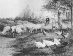 Shepherdess And Her Flock With Geese In The Foreground by Jef Louis Van Leemputten