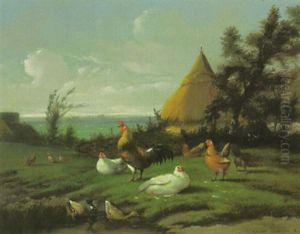 Hahn, Huhner Und Enten Am Seeufer Nahe Bauerhausern by Jef Louis Van Leemputten