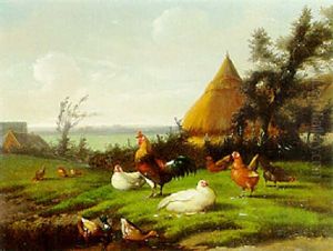Poultry In A Meadow, A Valley Beyond by Jef Louis Van Leemputten