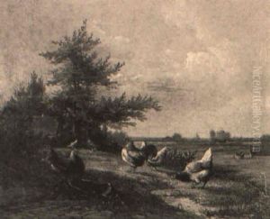 Poultry In A Landscape Near Buildings by Jef Louis Van Leemputten