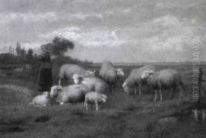 Hirtin Mit Schafherde by Jef Louis Van Leemputten