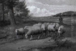 Hirte Mit Schafherde Auf Einem Feldweg by Jef Louis Van Leemputten