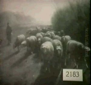 Landscape With Sheep And Shepherd by Jef Louis Van Leemputten