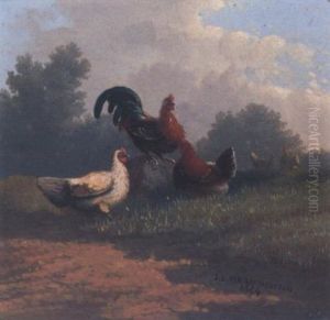 Chickens In A Pastoral Landscape by Johan Lodewijk Van Leemputten
