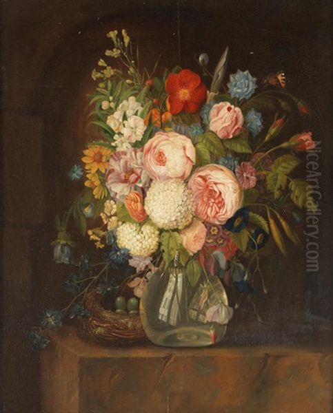 Roses, Snowballs, Convolvulus And Other Flowers In A Glass Vase With A Bird's Nest On A Stone Ledge - view 1