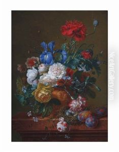 A Bouquet Of Roses, Poppies, Forget-me-nots, Irises And Carnations In An Earthenwear Vase With Prunes And A Bird's Nest On A Ledge