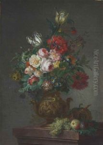 A Still Life With Tulips, Peonies, Primroses, Morning Glories And Other Flowers On A Ledge With Fruit