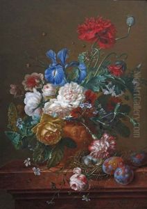 A Bouquet Of Roses, Poppies, Forget-me-nots, Irises And Carnations In An Earthenwear Vase With Prunes And A Bird's Nest On A Ledge by Willem van Leen