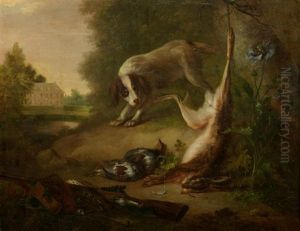 A Spaniel With A Dead Hare, Partridge And Accoutrements Of The Chase With A Country House Beyond by Willem van Leen